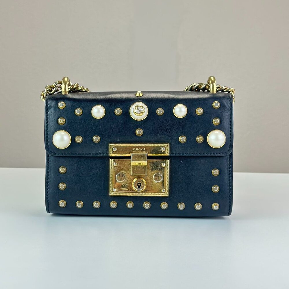 Gucci Black Leather Pearl Small Padlock Shoulder Bag Crossbody